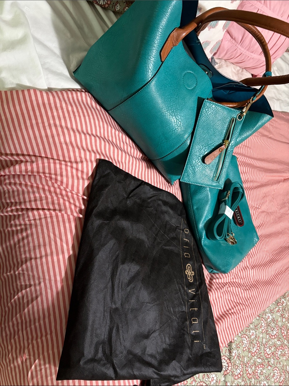 Sofia Vitali Teal Tote Bag with Matching Wristlet and Matching Shoulder Bag